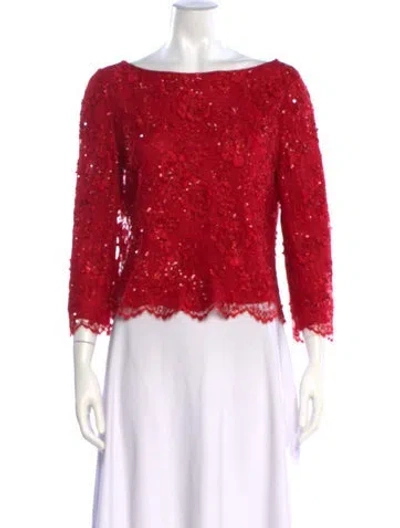 Pre-owned Badgley Mischka Floral Print Bateau Neckline Blouse In Red