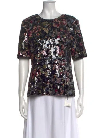 Pre-owned Badgley Mischka Floral Print Crew Neck Top In Black