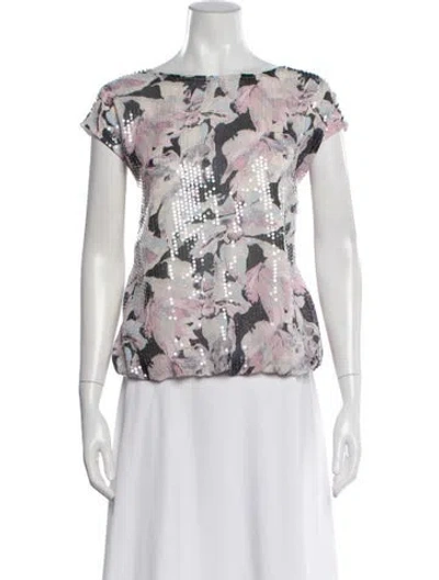 Pre-owned Badgley Mischka Floral Print Crew Neck Top In White