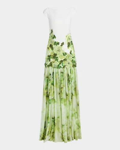 Badgley Mischka Floral Print Dropwaist Sheath Gown In Green