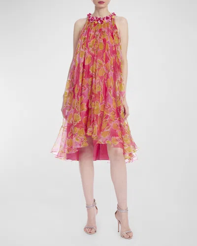 Badgley Mischka Floral-print High-low Trapeze Halter Midi Dress In Pink Multi