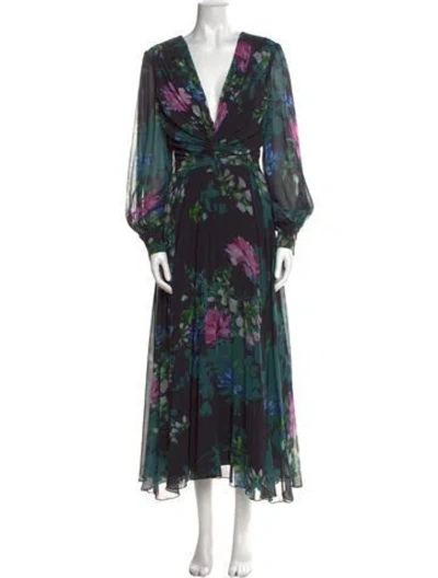 Pre-owned Badgley Mischka Floral Print Long Dress In Black