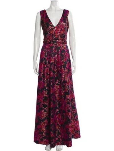 Pre-owned Badgley Mischka Floral Print Long Dress In Blue
