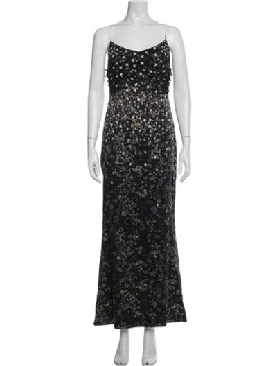 Pre-owned Badgley Mischka Floral Print Long Dress In Blue