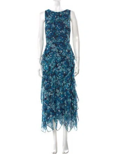 Pre-owned Badgley Mischka Floral Print Long Dress In Blue