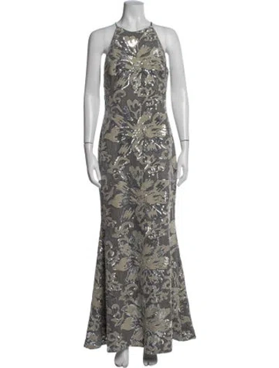 Pre-owned Badgley Mischka Floral Print Long Dress In Gray
