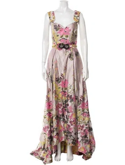 Pre-owned Badgley Mischka Floral Print Long Dress In Multicolor