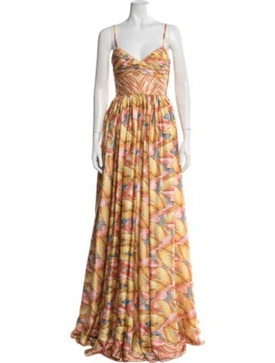 Pre-owned Badgley Mischka Floral Print Long Dress In Orange