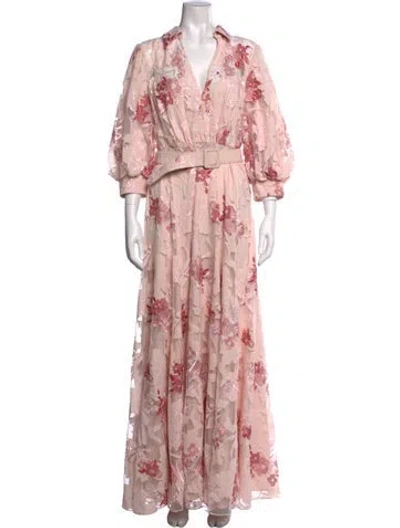 Pre-owned Badgley Mischka Floral Print Long Dress In Pink