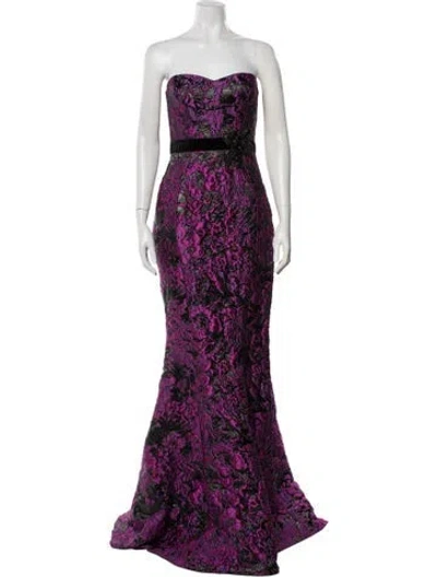 Pre-owned Badgley Mischka Floral Print Long Dress In Purple