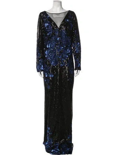 Pre-owned Badgley Mischka Floral Print Long Dress W/ Tags In Black