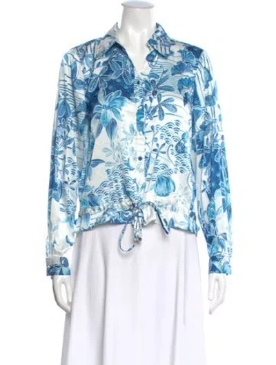 Pre-owned Badgley Mischka Floral Print Long Sleeve Blouse In Blue