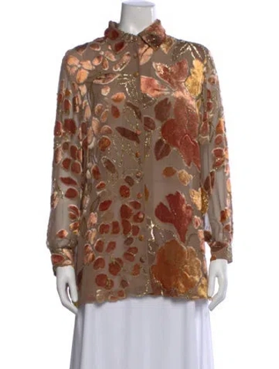 Pre-owned Badgley Mischka Floral Print Long Sleeve Blouse In Brown