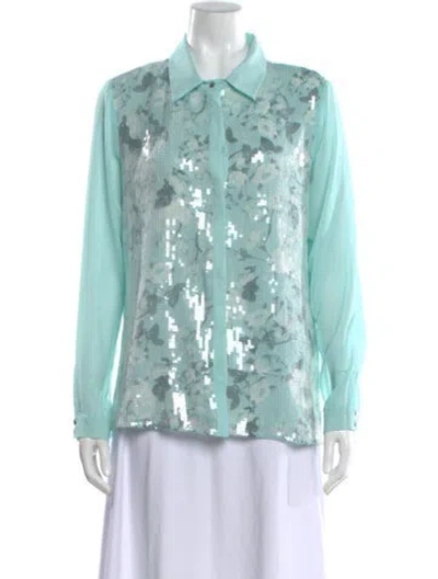 Pre-owned Badgley Mischka Floral Print Long Sleeve Blouse In Green