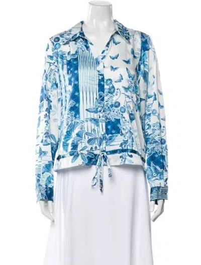Pre-owned Badgley Mischka Floral Print Long Sleeve Blouse W/ Tags In Blue