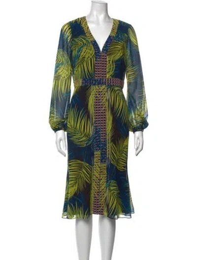 Pre-owned Badgley Mischka Floral Print Midi Length Dress In Green