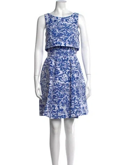 Pre-owned Badgley Mischka Floral Print Mini Dress In Blue/white