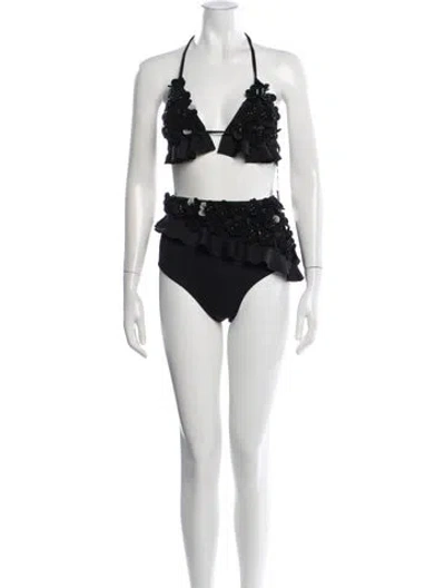 Pre-owned Badgley Mischka Floral Print Ruffle Embellishment Bikini W/ Tags In Black