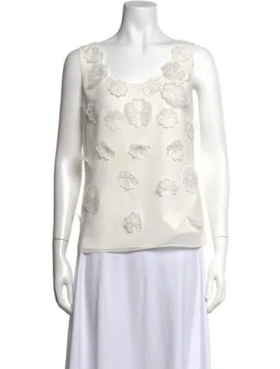 Pre-owned Badgley Mischka Floral Print Scoop Neck Top In White