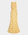 Badgley Mischka Floral-print Scuba Trumpet Gown In Yellow Multi
