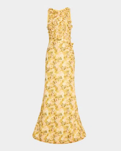 BADGLEY MISCHKA FLORAL-PRINT SCUBA TRUMPET GOWN