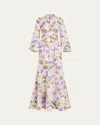 Badgley Mischka Collection Abstract Floral Long Sleeve Taffeta Mermaid Gown In Lilac Multi