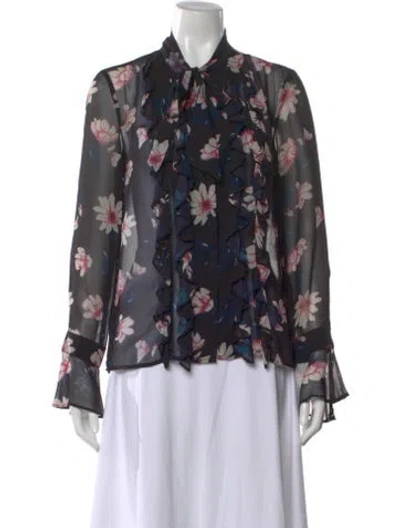 Pre-owned Badgley Mischka Floral Print Tie Neck Blouse In Black