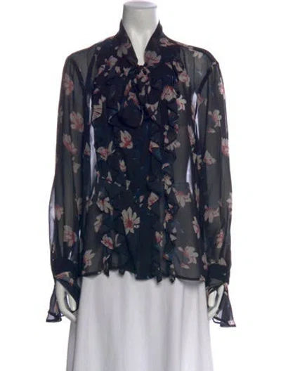 Pre-owned Badgley Mischka Floral Print Tie Neck Blouse In Blue