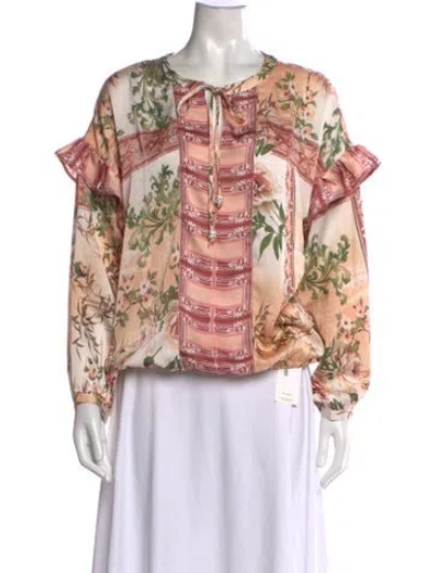 Pre-owned Badgley Mischka Floral Print Tie Neck Blouse W/ Tags In Pink