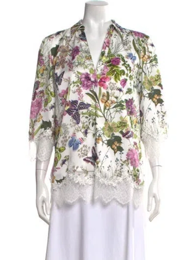 Pre-owned Badgley Mischka Floral Print V-neck Blouse In White