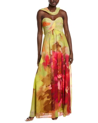 Badgley Mischka Draped Floral-print Georgette Gown In Yellow