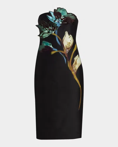 Badgley Mischka Collection Beaded Floral Strapless Cocktail Sheath Dress In Black