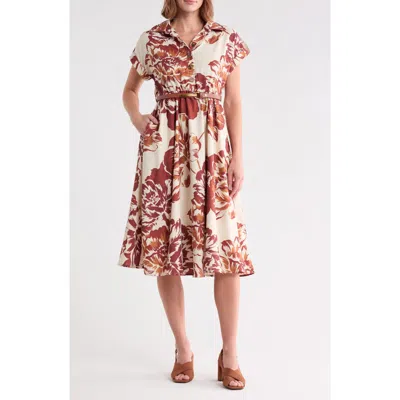 Badgley Mischka Floral Short Sleeve Belted Midi Dress In Multi