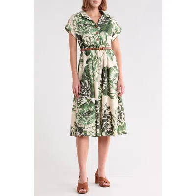 Badgley Mischka Floral Short Sleeve Belted Midi Dress In Multi