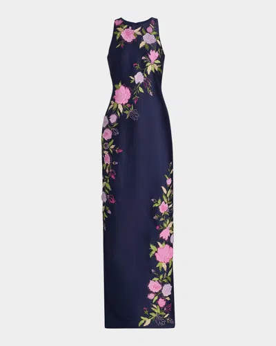 Badgley Mischka Floral Stretch Mikado Column Gown In Blue