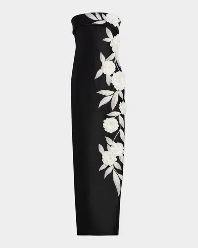 Badgley Mischka Floral-embroidered Stretch Mikado Column Gown In Black