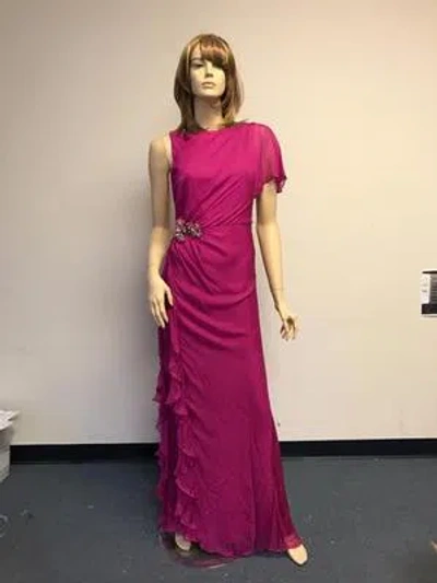 Pre-owned Badgley Mischka Fuchsia Women's Asymmetrical Gown Side Ruffle Silk Dress Long In Pink