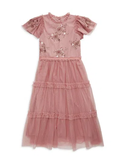 Badgley Mischka Kids' Girl's Nora Embellished Tiered Dress In Mauve