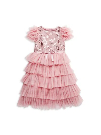 Badgley Mischka Kids' Girl's Sequin Tiered Tulle Dress In Pink