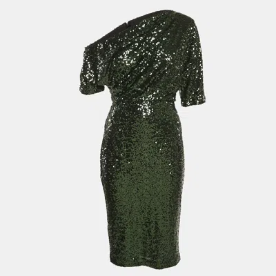 Pre-owned Badgley Mischka Green Sequin One-shoulder Short Dress M
