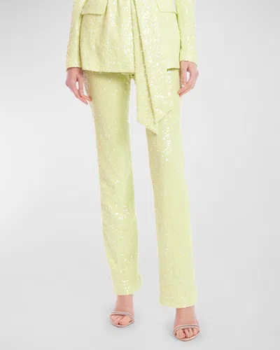 Badgley Mischka High-rise Straight-leg Sequin Pants In Lime