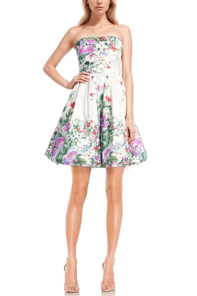 Badgley Mischka J0153 Short A Line Floral Print Cocktail Mini Dress In Blue