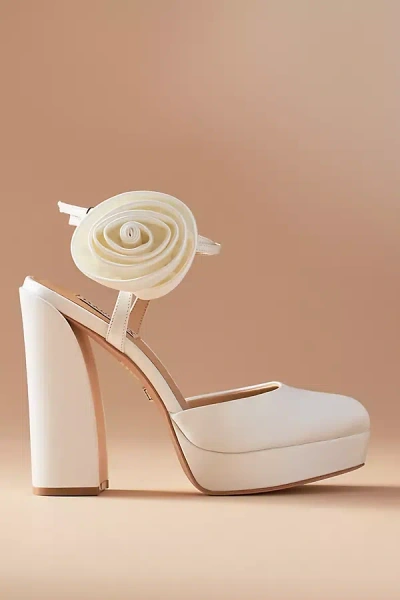 Badgley Mischka Janessa Rosette Satin Platform Heels In White