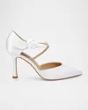 Badgley Mischka Collection Jayden Ankle Strap Pointed Toe Pump In White Satin