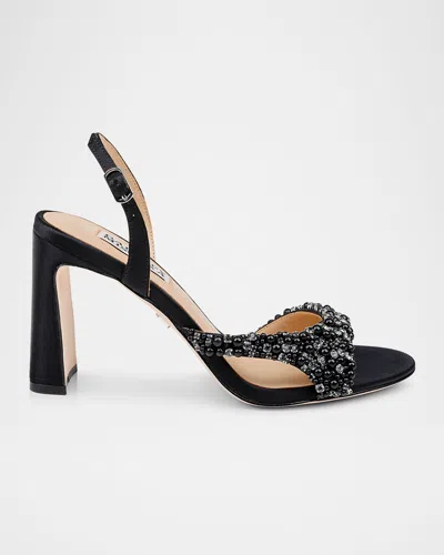 Badgley Mischka Jenesis Crystal Silk Block-heel Sandals In Black Satin
