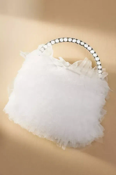 Badgley Mischka Jewel  Jazzie Chiffon Ruffle Pouch Clutch In White