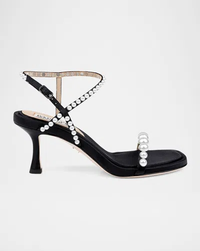 Badgley Mischka Jolie Pearly Silk Kitten-heel Sandals In Black Satin