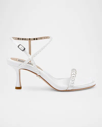 Badgley Mischka Jolie Pearly Silk Kitten-heel Sandals In White Satin