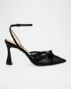Badgley Mischka Josie Silk Lace Bow Ankle-strap Pumps In Black Satin