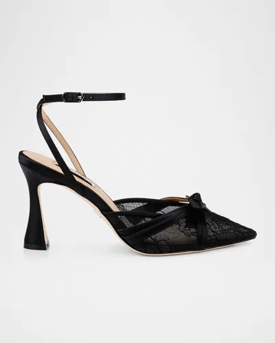 Badgley Mischka Josie Silk Lace Bow Ankle-strap Pumps In Black Satin